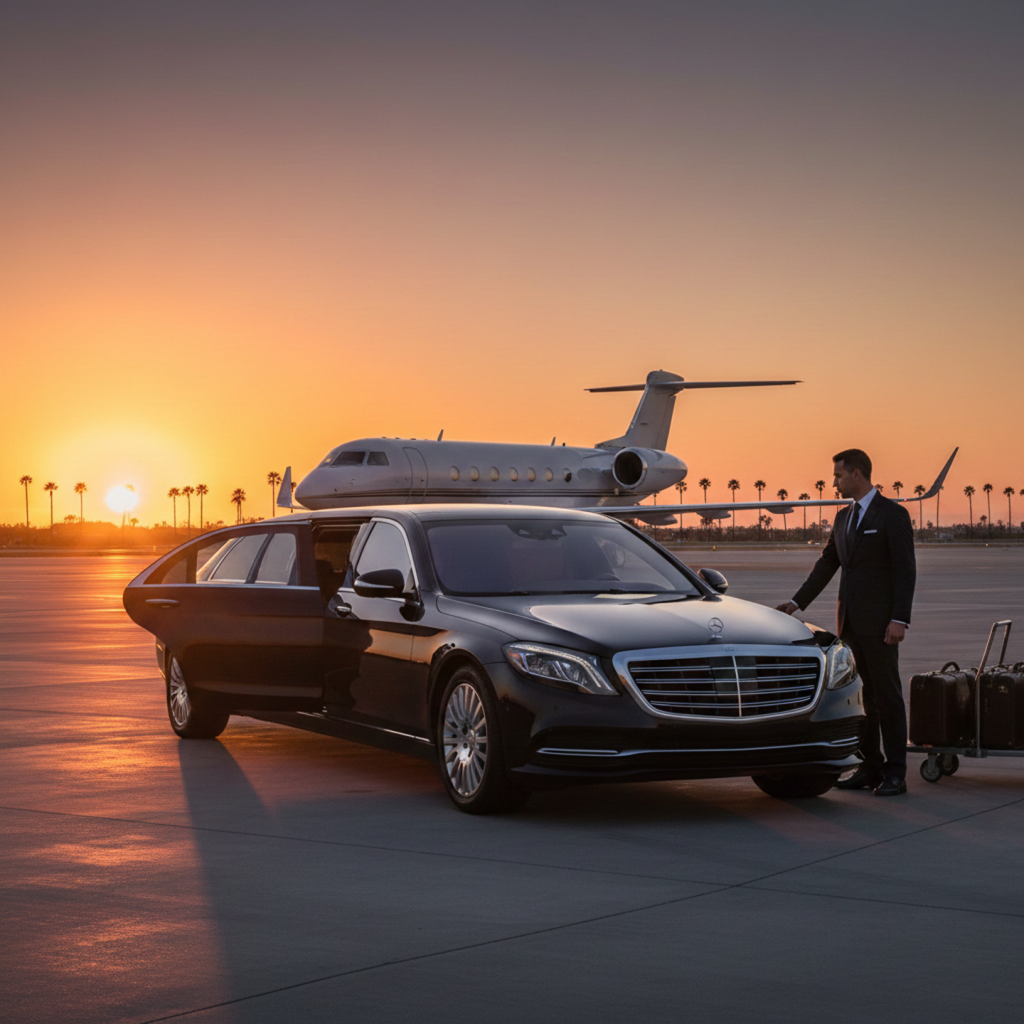 Luxury Car Hire Sydney Airport executive chauffeur with premium sedan at private jet terminal