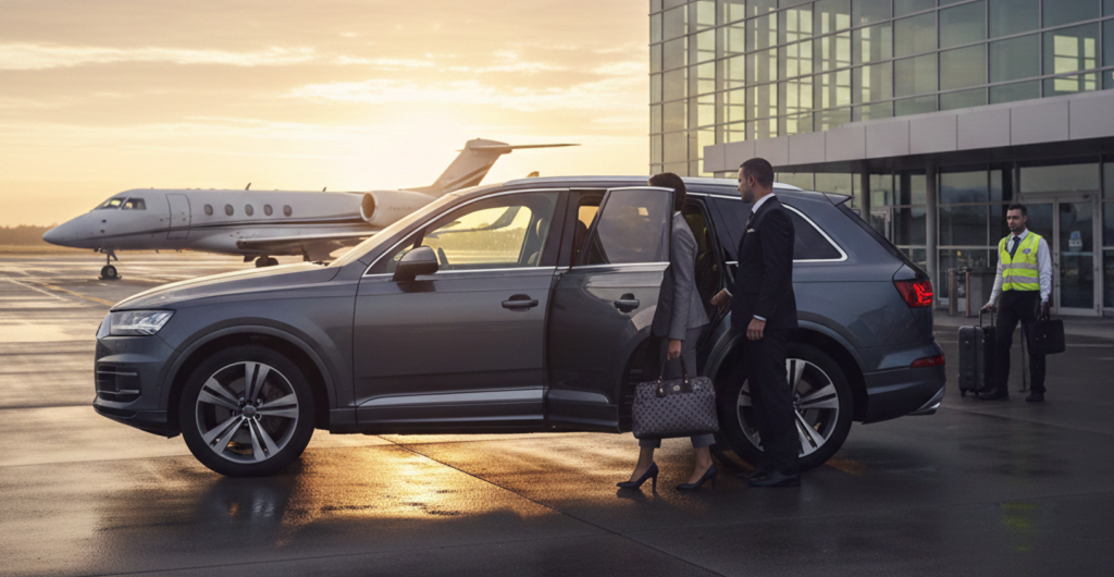 Corporate Travel Sydney Airport executive chauffeur assisting business traveller at airport terminal