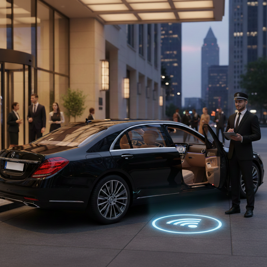 Sydney Chauffeur Cars With Wi-Fi featuring professional driver and luxury black sedan with onboard internet